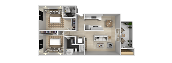 A 3D floor plan of a small apartment with a kitchen, living room, and bedroom.