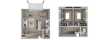 a stylized floor plan with a bedroom and a living room
