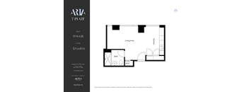 A floor plan for a studio apartment with a living area, kitchen, and bath.