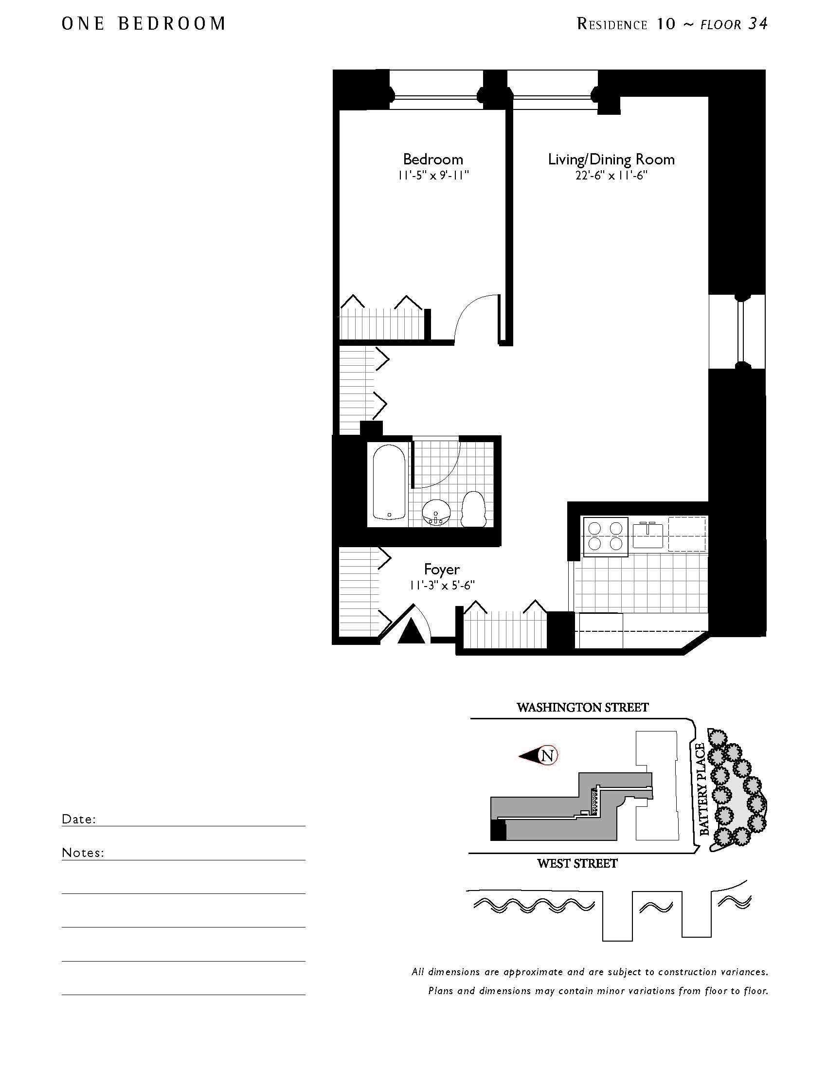 A floor plan for a one bedroom apartment on the 10th floor of a 34 story building.