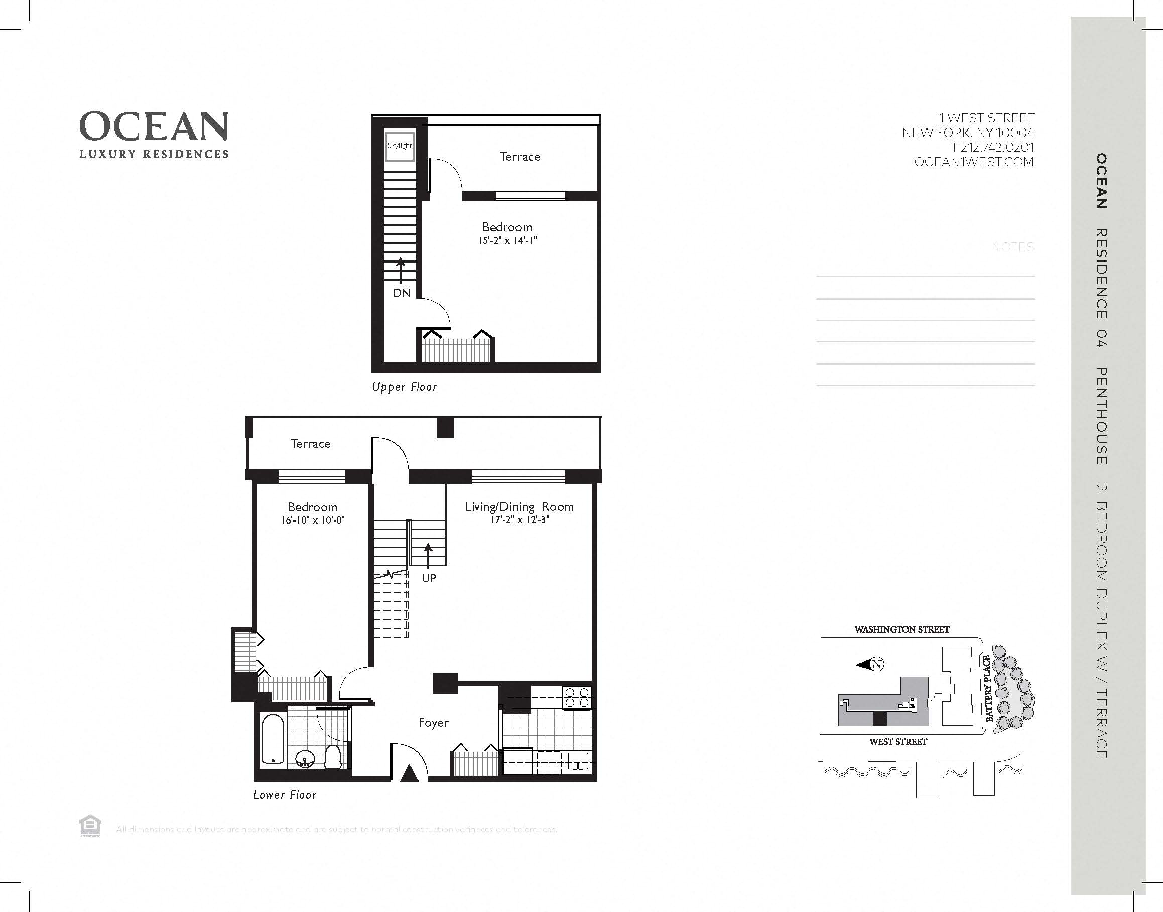 A floor plan for Ocean Luxury Residences shows a two-bedroom apartment with a living room, kitchen, and terrace at One West, New York, NY,10004.