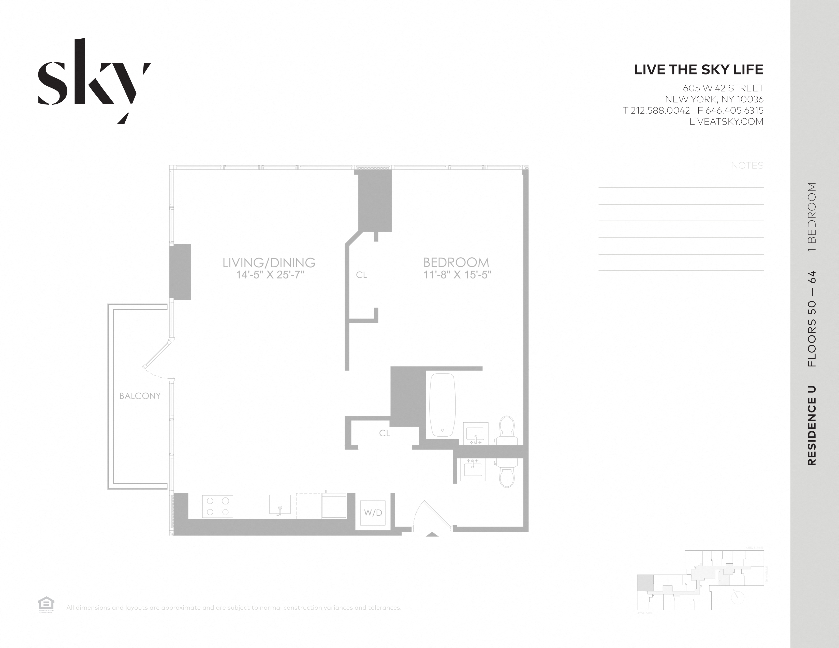 A floor plan for an apartment with a living room, dining room, bedroom, and bathroom at SKY Apartments, New York, NY