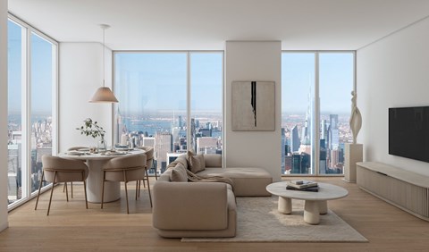 Modern living room with skyline views at Aria 7 Platt Apartments, New York, 10038