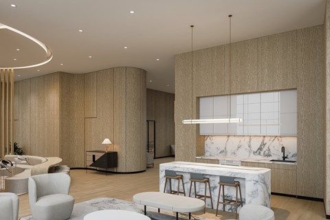 Open concept kitchen and living area at Aria 7 Platt Apartments, New York, NY