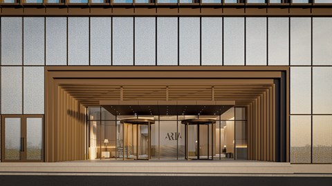 Contemporary building entrance with wooden canopy at Aria 7 Platt Apartments, New York, 10038