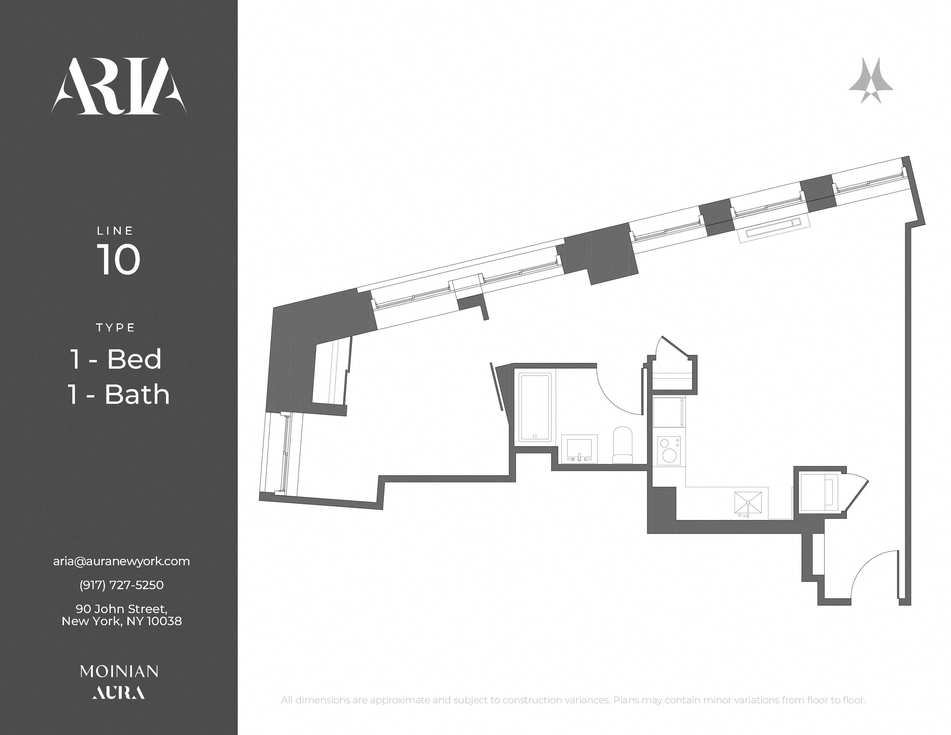 A floor plan for apartment type Aria Line 10 showing a bedroom and bathroom at Aria, New York
