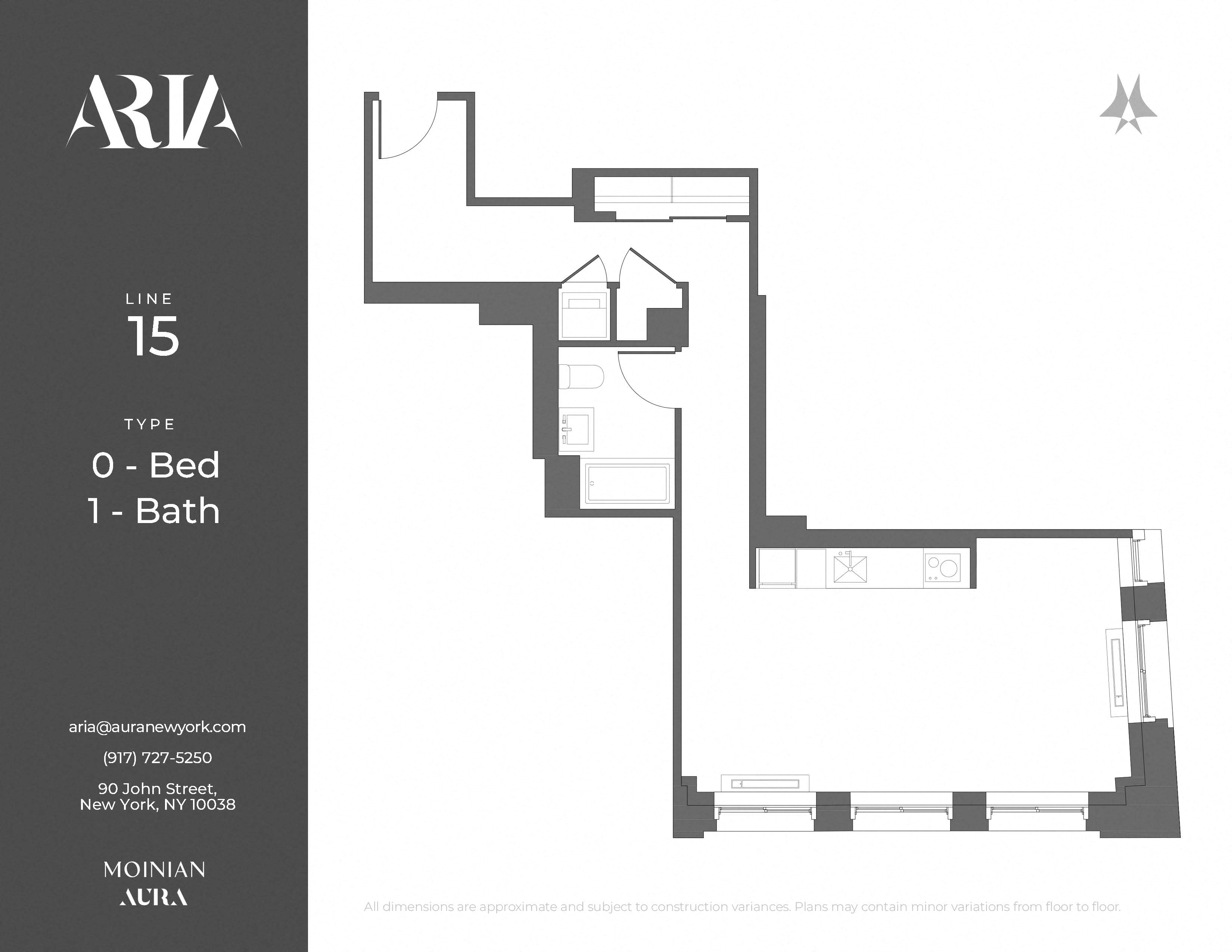 A floor plan for apartment number 15 with one bedroom and one bathroom at Aria, New York, 10038