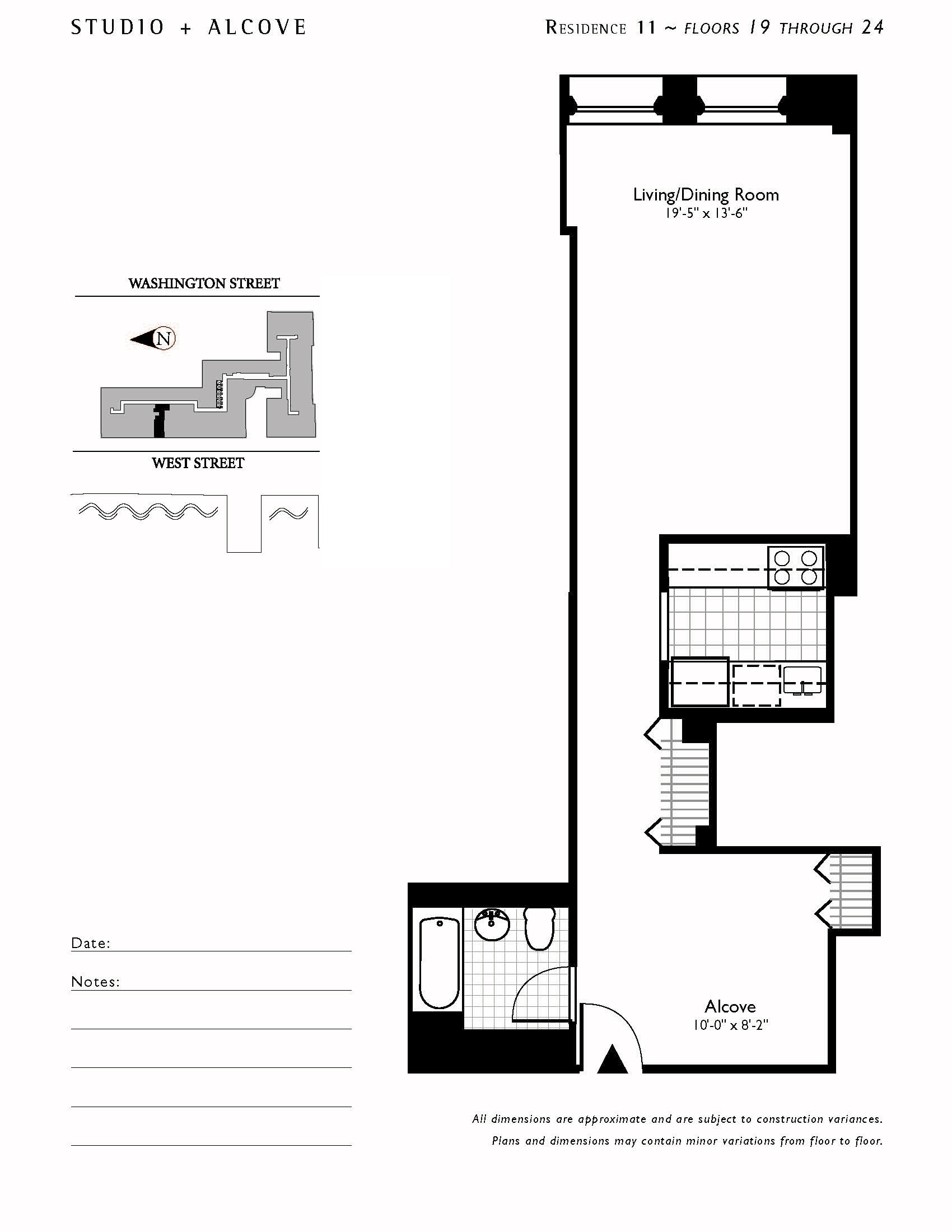 A black and white floor plan for a residence with 11 floors and 9 through 24 rooms at One West,New York, NY.