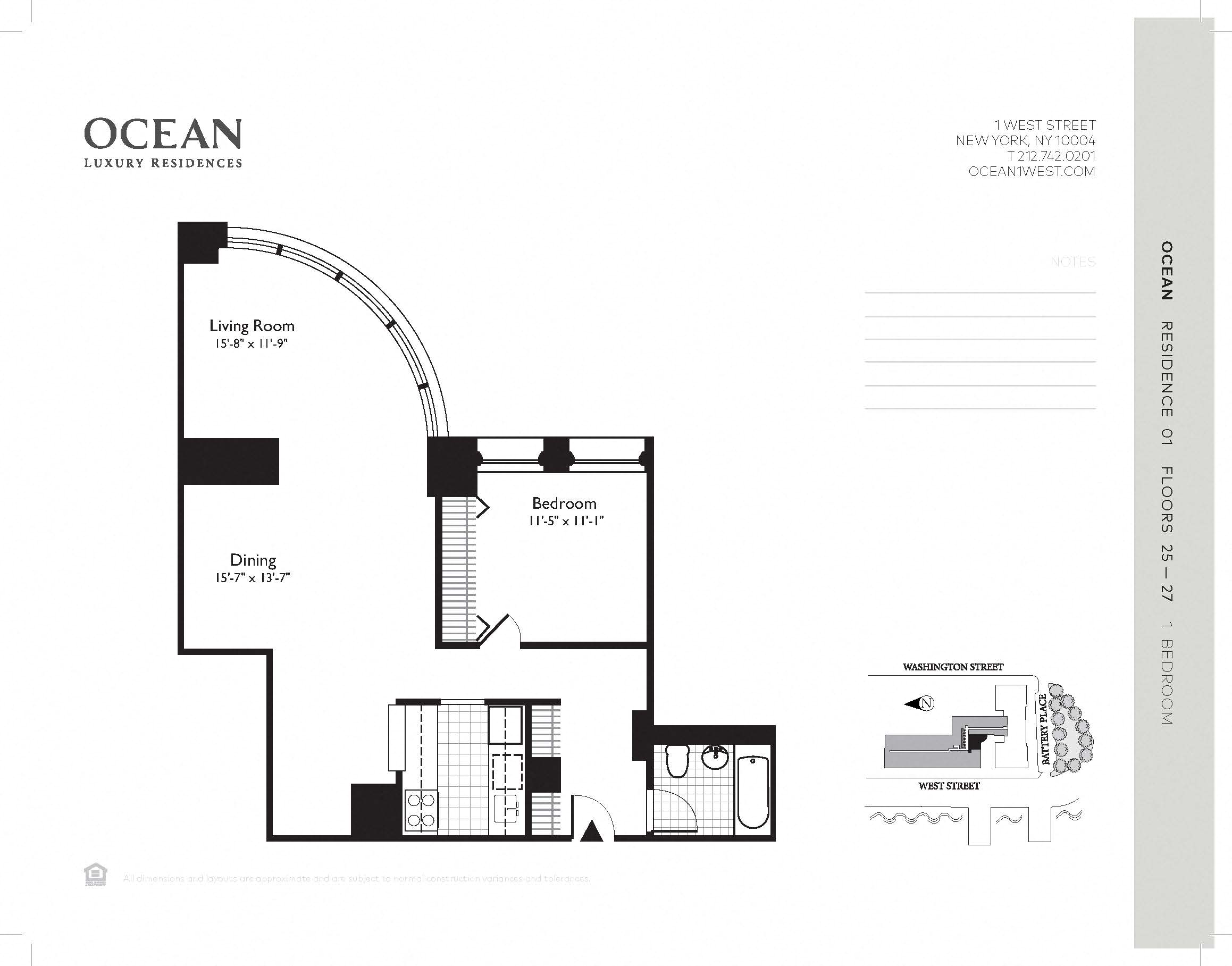 A floor plan for Ocean Luxury Residences showing a layout with a living room, dining room, and bedrooms at One West,  New York,10004.