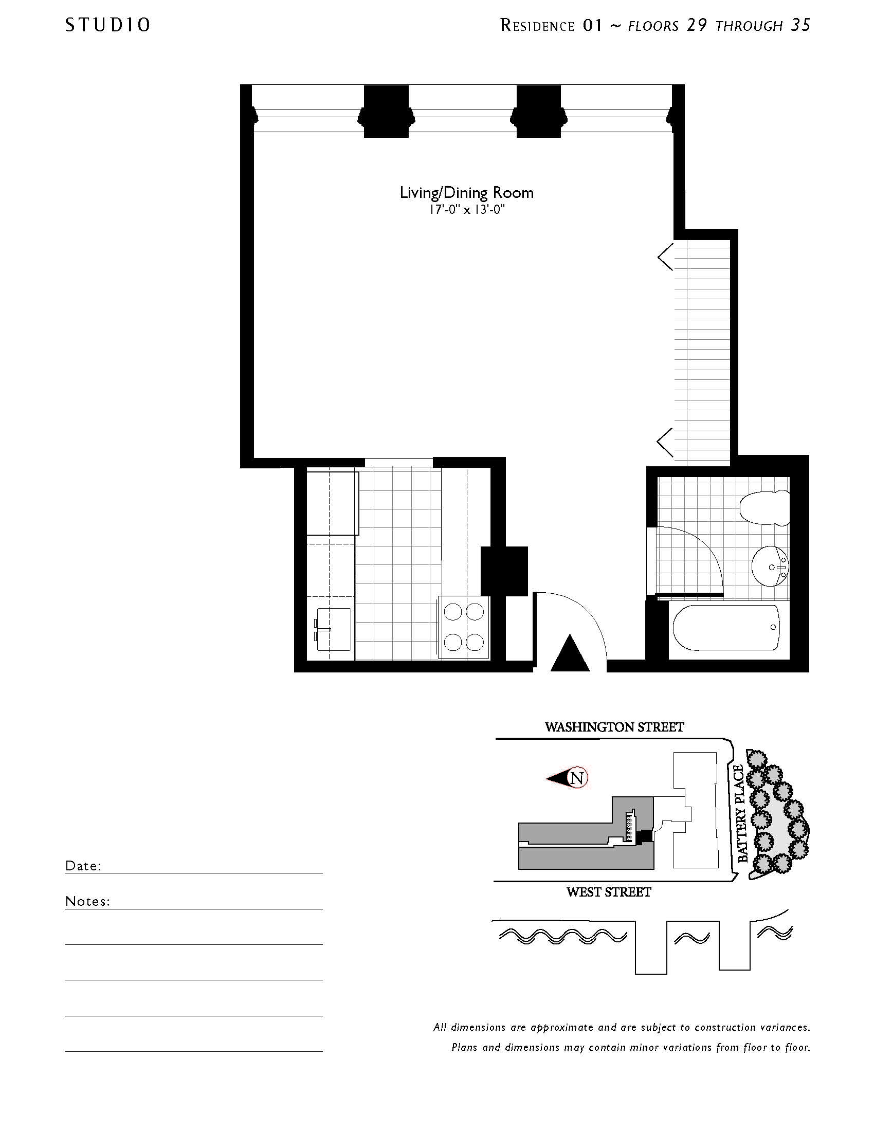 A black and white floor plan for a studio apartment at One West, New York, NY.