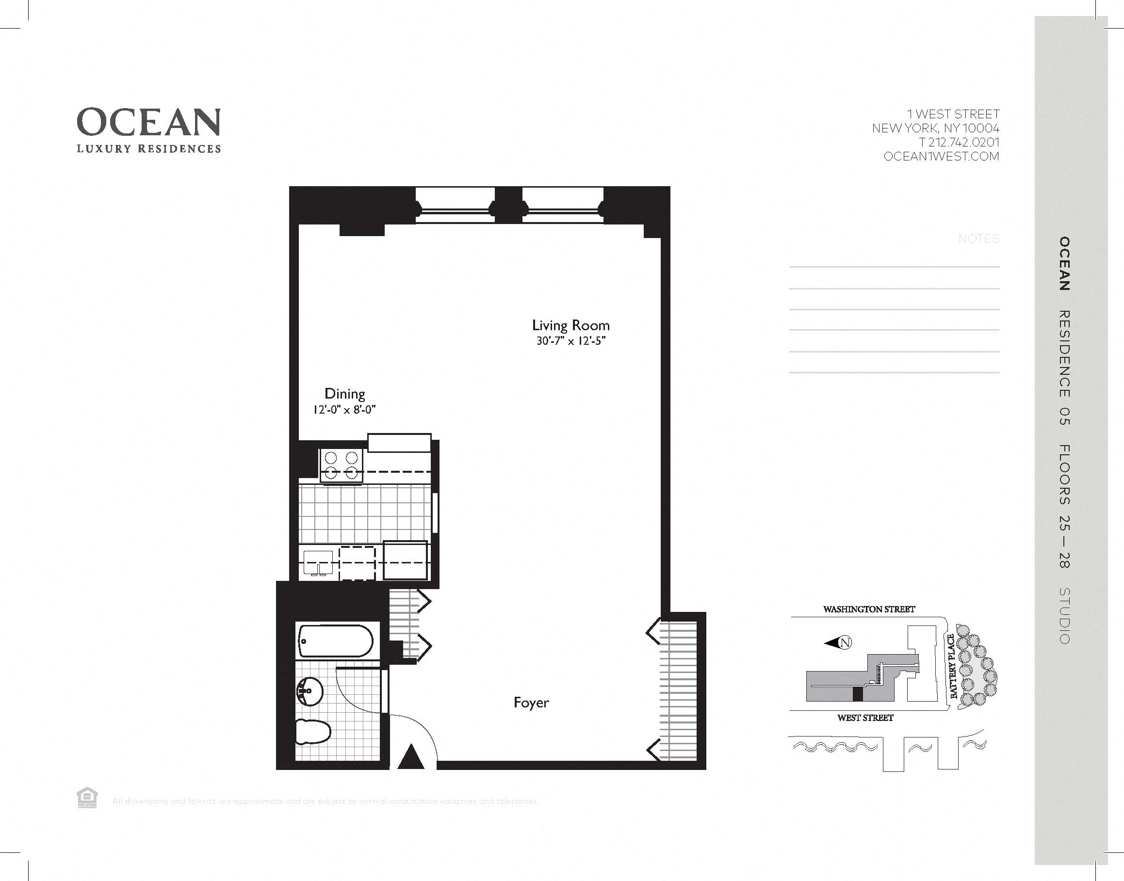 A floor plan for Ocean Luxury Residences showing a layout with a dining area, living room, and foyer at One West, New York, New York.