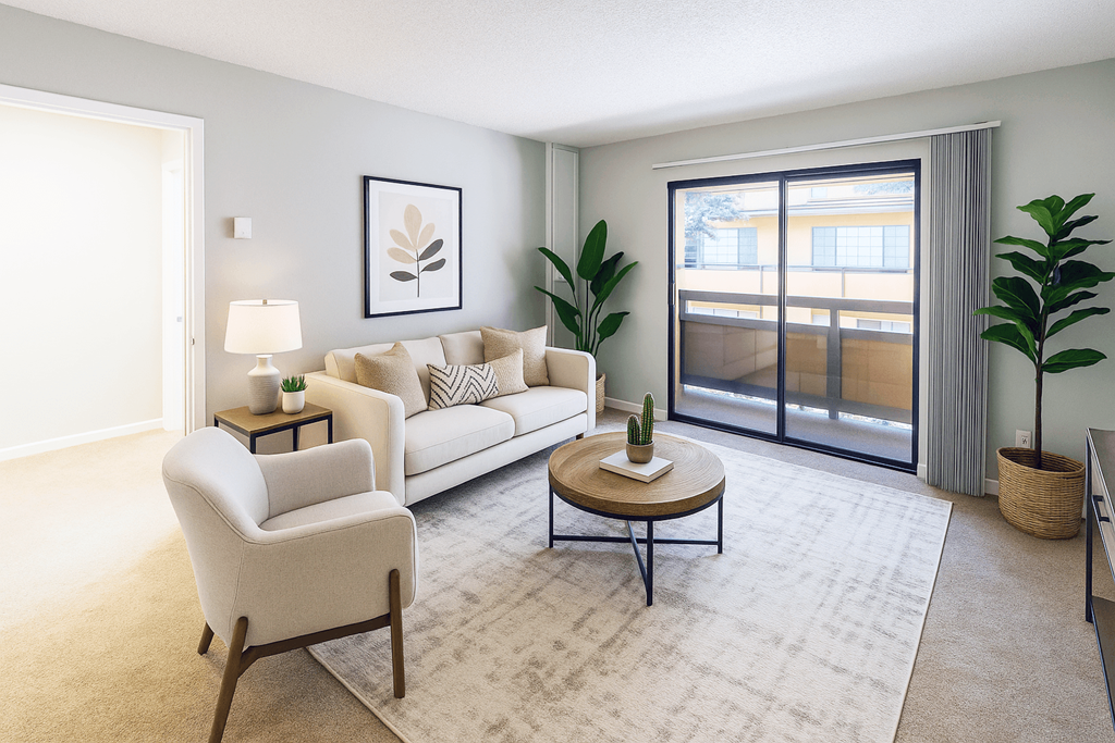 A living room with a white sofa, a white armchair, a coffee table, and a large window with a view of the outside.