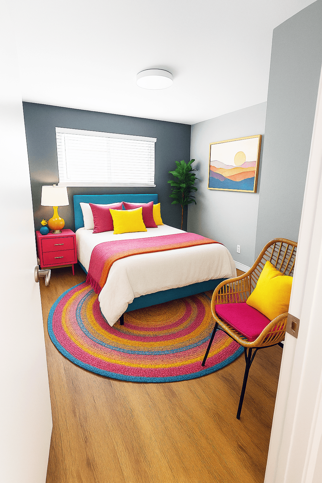 A bedroom with a bed, a chair, and a rug.