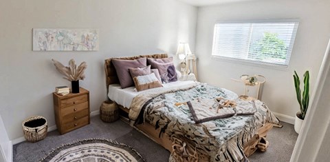 a bedroom with a bed and a rug and a window