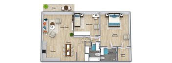 A floor plan of a Vasona apartment with a living room, dining room, kitchen, and three bedrooms.