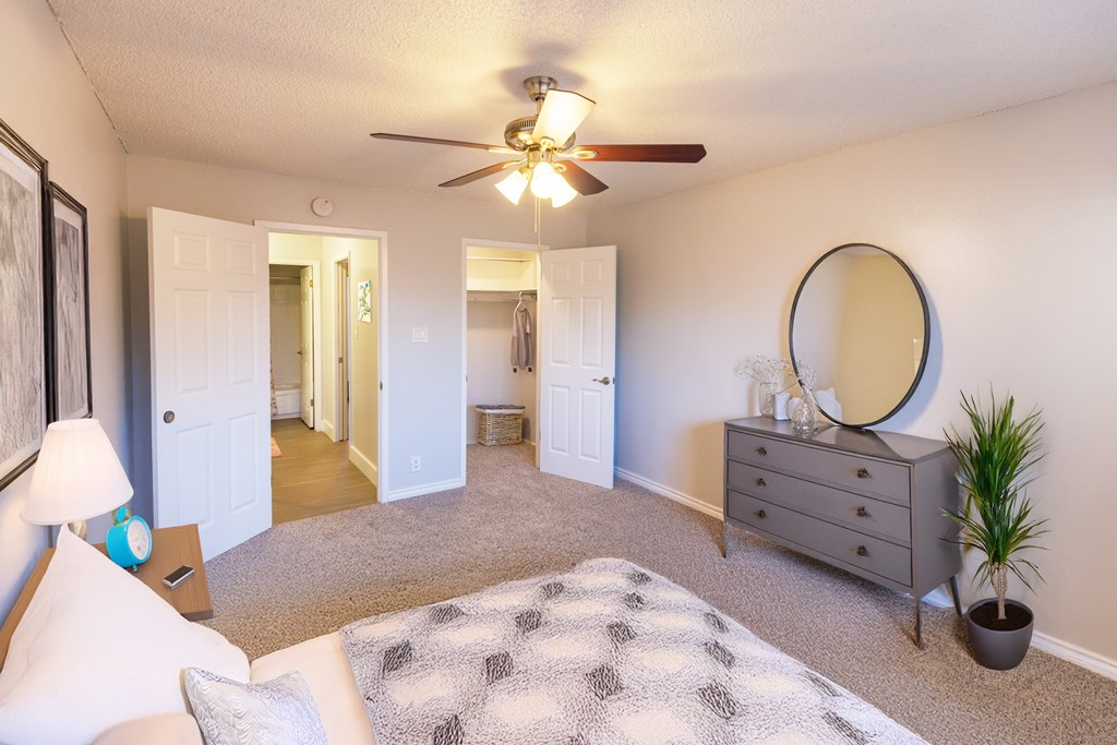 A bedroom with a bed, dresser, mirror, and a plant.