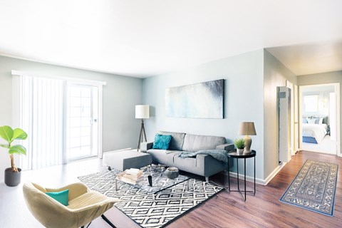 A living room with a grey couch and a black and white rug.