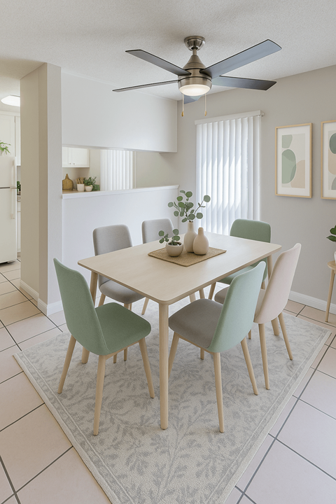 A dining room with a table and chairs.