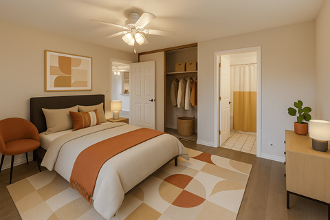 A bedroom with a large bed and a ceiling fan.