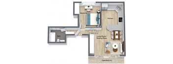 A floor plan of a Vasona apartment with a living room, dining room, kitchen, bedroom, and bathroom.
