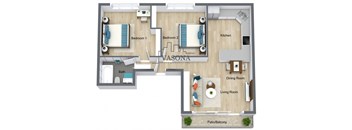 A floor plan of a Vasona apartment with two bedrooms, a bath, a kitchen, a dining room, a living room, and a patio/balcony.