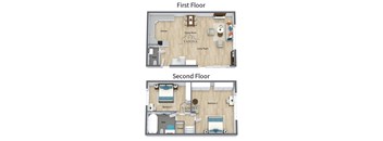 A floor plan of a two-story apartment with a living room, dining room, kitchen, and two bedrooms.