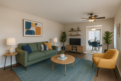 A living room with a green couch, a yellow chair, and a painting on the wall.