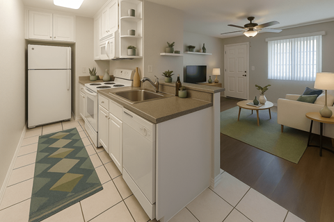 A kitchen with white cabinets and a checkered rug.
