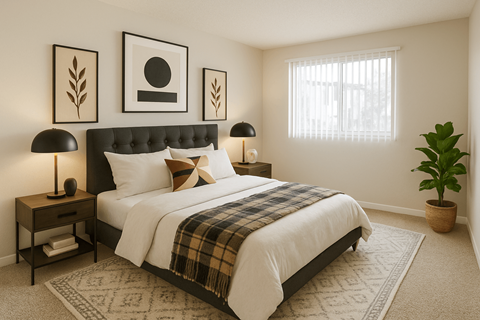 A bedroom with a large bed and a potted plant.