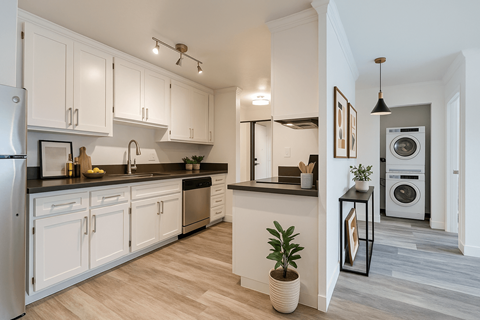 A modern kitchen with white cabinets and a wooden floor.