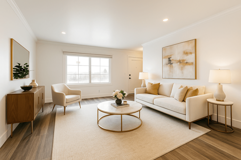 A living room with a white couch, a coffee table, and a large painting on the wall.