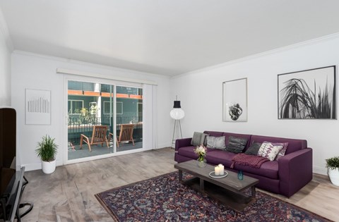 A living room with a purple couch and a rug.