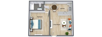 a bedroom with a living room and a dining room