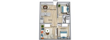 a room with a bedroom and a living room and a dining room