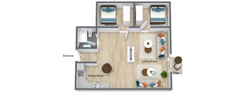 a 2 bedroom floor plan with a living room and a dining room
