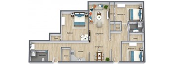 A floor plan of a house with three bedrooms, a living room, a dining room, a kitchen, and two bathrooms.