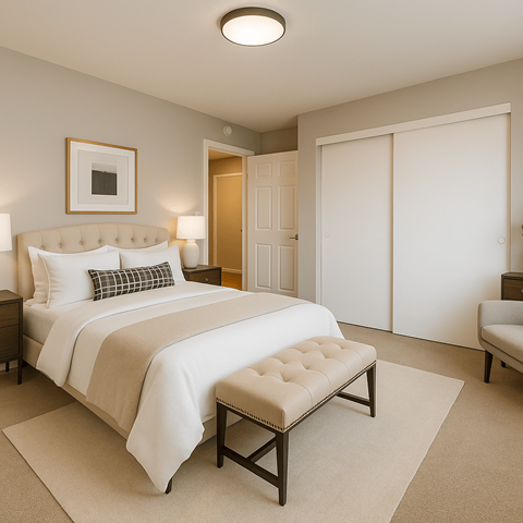 A bedroom with a large bed and a bench in front of it.