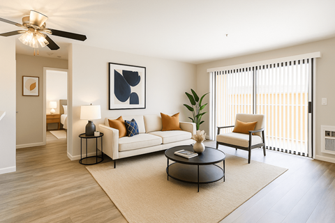 A living room with a white couch, a coffee table, and a ceiling fan.