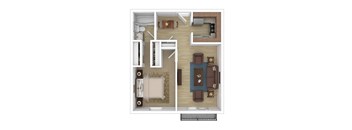 a stylized floor plan with a bedroom and living room