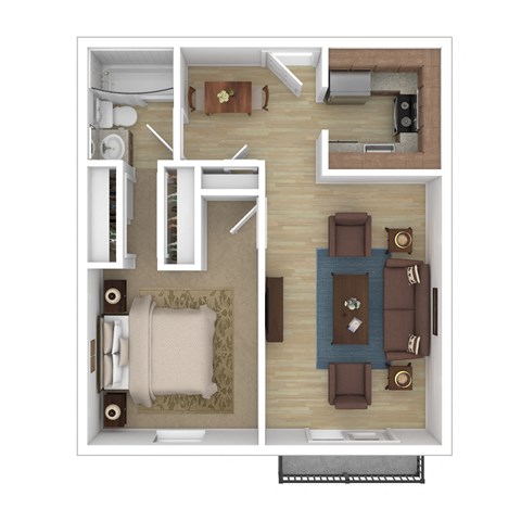a stylized floor plan with a bedroom and living room