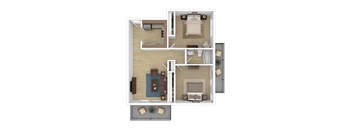 A top-down view of a small apartment with a bedroom, living room, and kitchen.