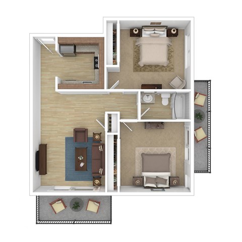 A top-down view of a small apartment with a bedroom, living room, and kitchen.