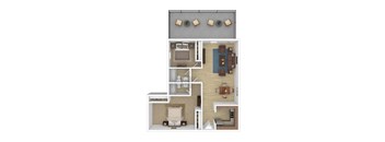 A 3D floor plan of a small apartment with a living room, kitchen, and bedroom.