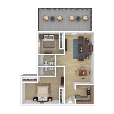 A 3D floor plan of a small apartment with a living room, kitchen, and bedroom.