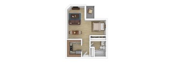 A top-down view of a living room with a couch, coffee table, and a small kitchen area.