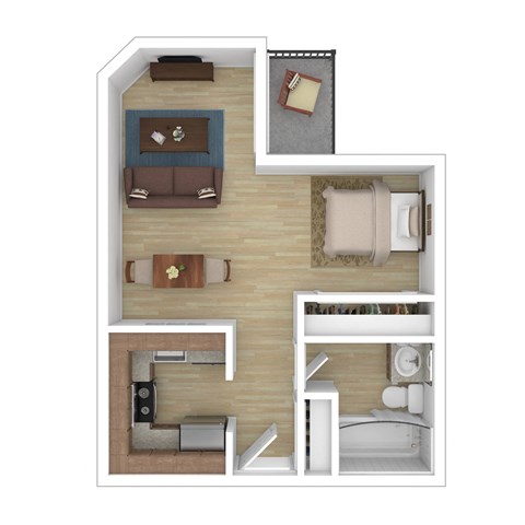 A top-down view of a living room with a couch, coffee table, and a small kitchen area.