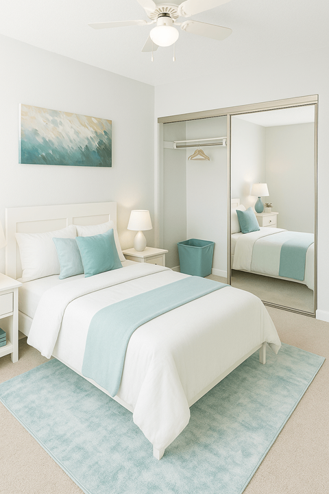 A bedroom with a large bed and a mirror.
