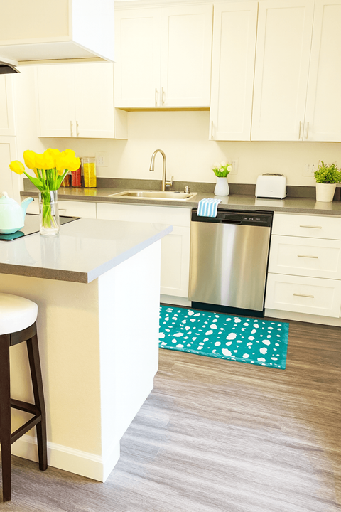 A kitchen with a white counter and a stainless steel dishwasher.