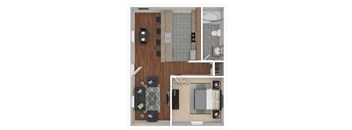 A floor plan of a room with a kitchen, living room, and bathroom.