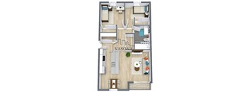A floor plan of an apartment with a living room, kitchen, and two bedrooms.